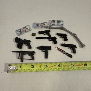 Lot Of Toy Action Figure Weapons, Nun Chucks, Play Money - Play Set Accessories